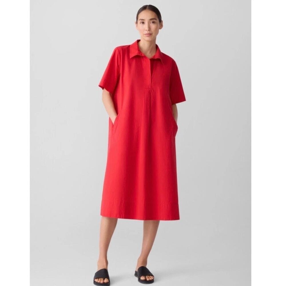 EILEEN FISHER Washed Organic Cotton Poplin Split Neck Midi Dress Red, NWOT, 1X